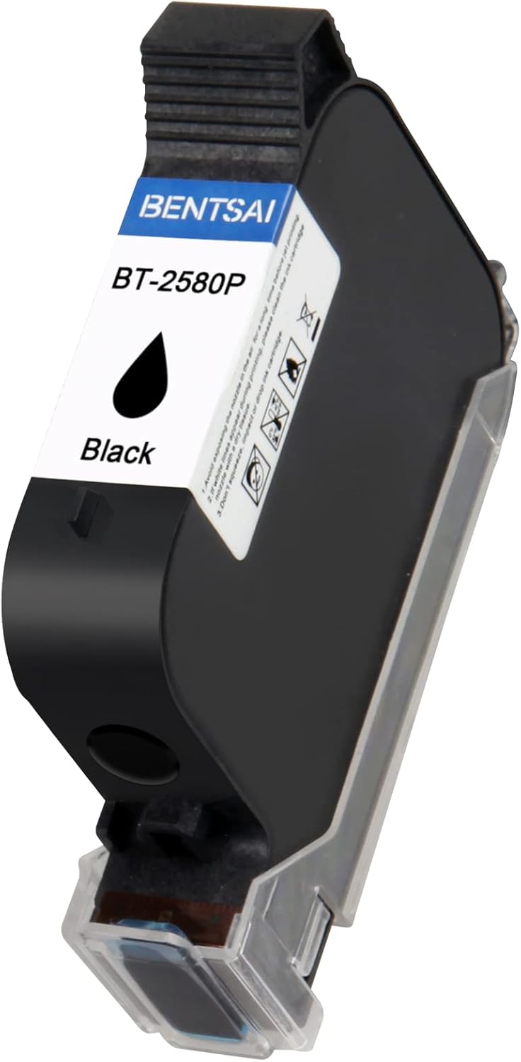 Image of the Bentsai BT-2580P Black Solvent Ink Cartridge, featuring a compact, rectangular design with a black casing. The cartridge has a nozzle for ink dispensing at one end, along with product labeling indicating the model number and ink type. It is designed for use with industrial printers, offering high-quality, durable printing on non-porous surfaces